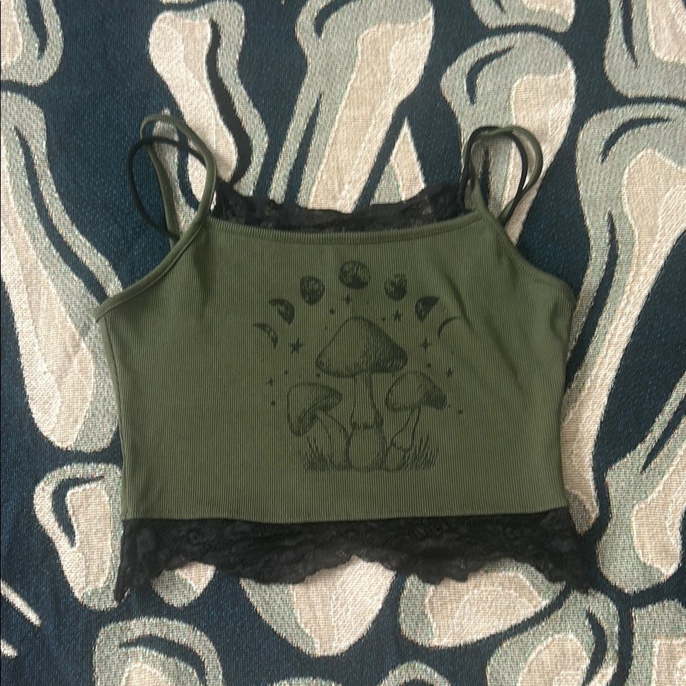 Green Crop Top with Mushroom Design